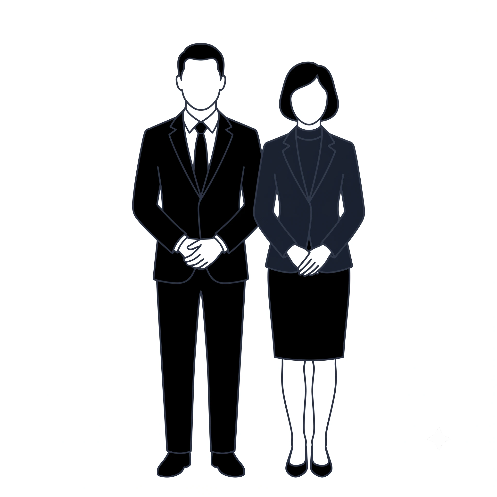 장례식 문상 복장 예시 — 검은 정장을 입은 남녀 조문객 일러스트
